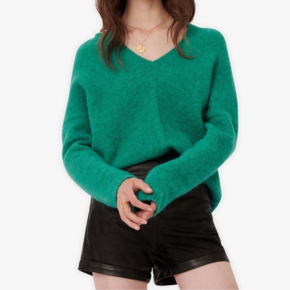 Maje Madison emerald green knit v-neck mohair wool blend sweater women sz small‎